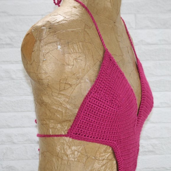 HAND CRAFTED Swimsuit Crochet Monokini Low Cut Boho Magenta Hot Pink Medium - Picture 3 of 13